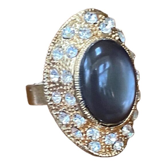 vtg Adjustable Statement ring grey gold-tone, rhinestones, grey jelly belly - Picture 6 of 9